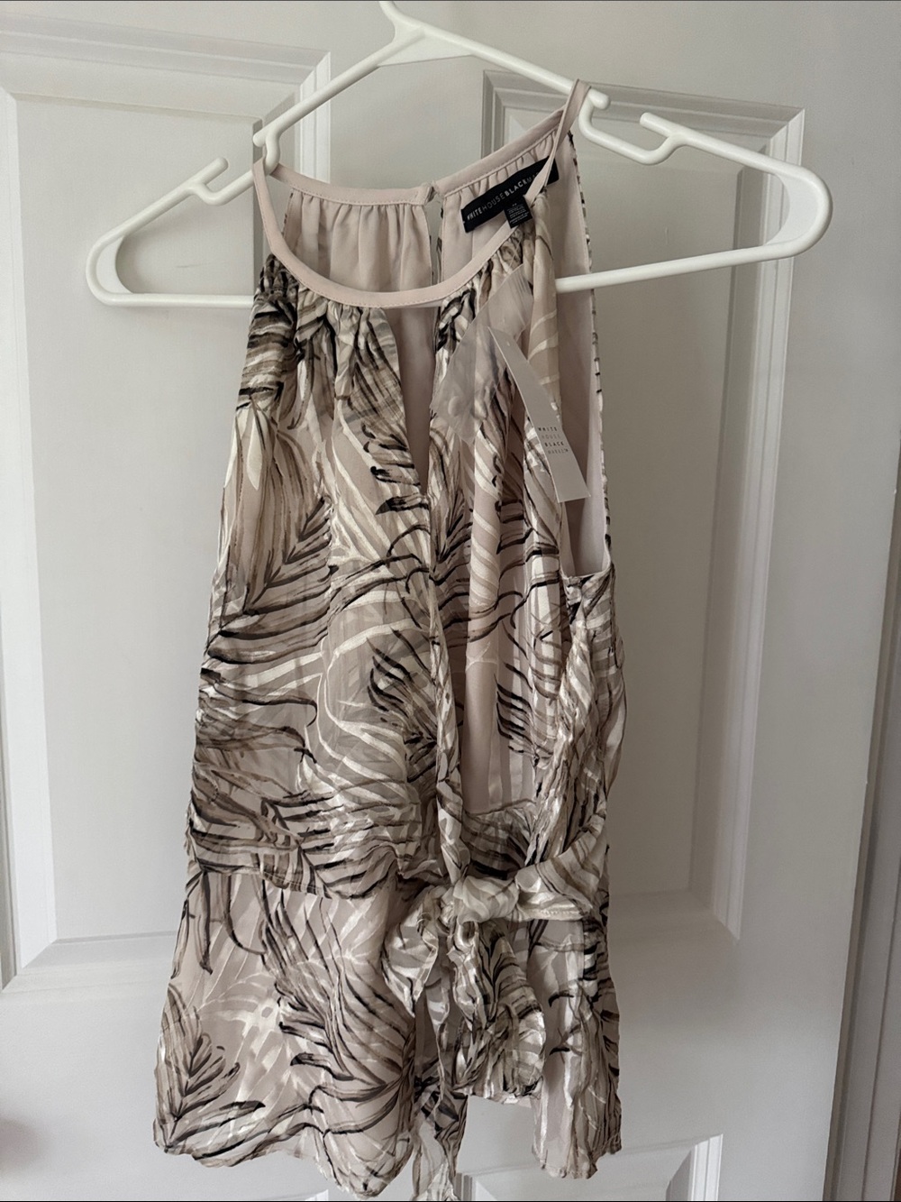 White House Black Market  Neutral Leaf-Print Halter Tie-Front Tank